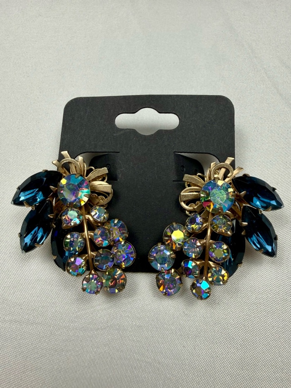 Vintage Aurora Borealis Rhinestone Clip Earrings Blue Navette‎ Statement